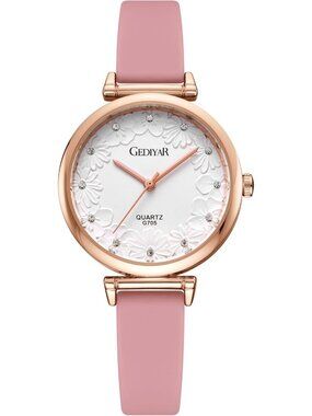 Women's Pink White Quartz Silicone Band Nurses Lady Floral Pattern Crystal Watch